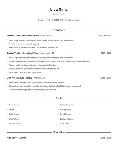Stacker Tender Resume