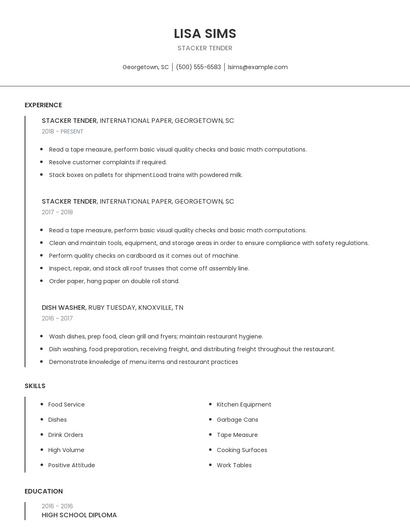 Stacker Tender Resume