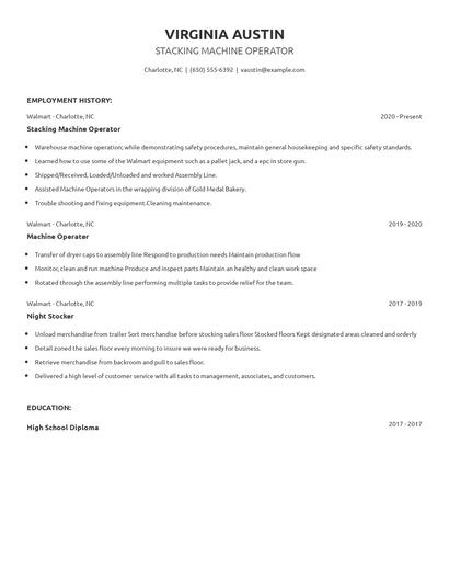 Stacking Machine Operator Resume