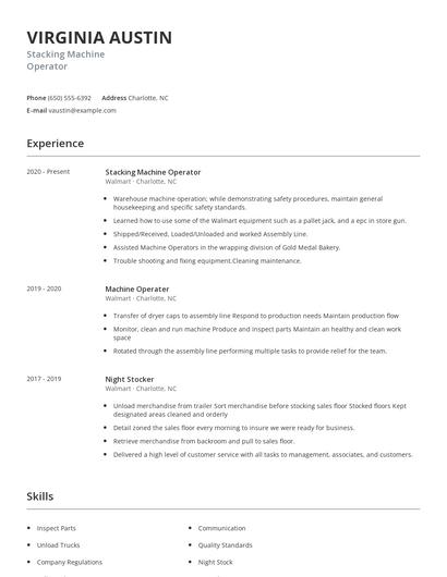 Stacking Machine Operator Resume
