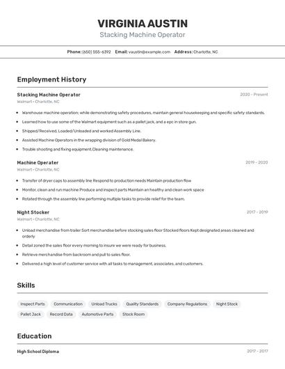Stacking Machine Operator Resume