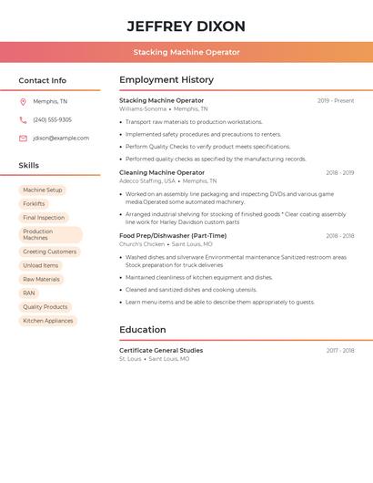 Stacking Machine Operator Resume