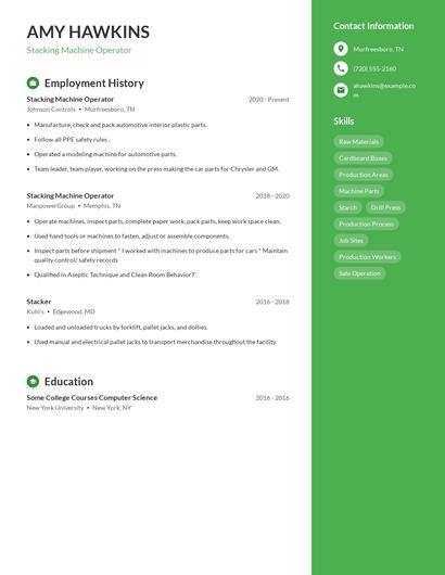 Stacking Machine Operator Resume