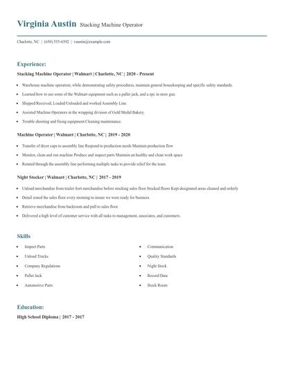 Stacking Machine Operator Resume