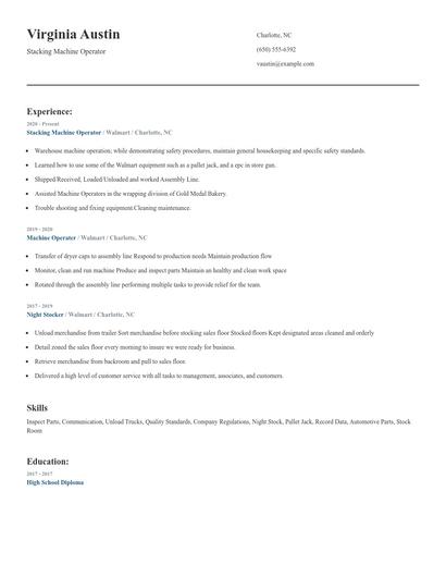 Stacking Machine Operator Resume