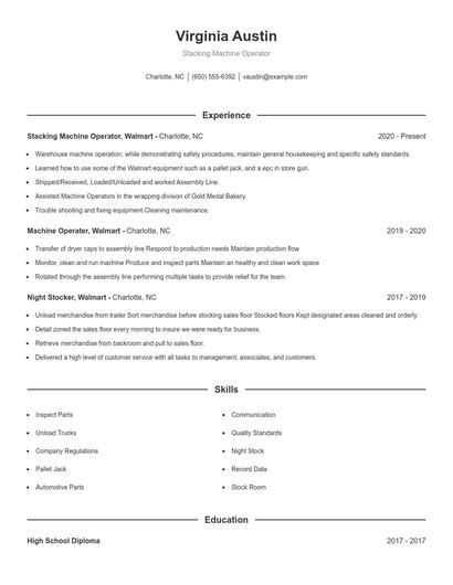 Stacking Machine Operator Resume