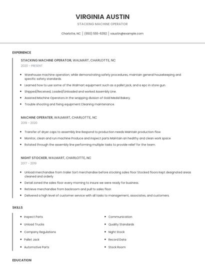Stacking Machine Operator Resume