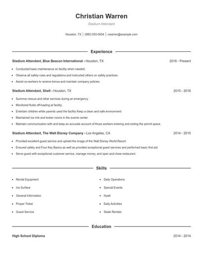 Stadium Attendant Resume