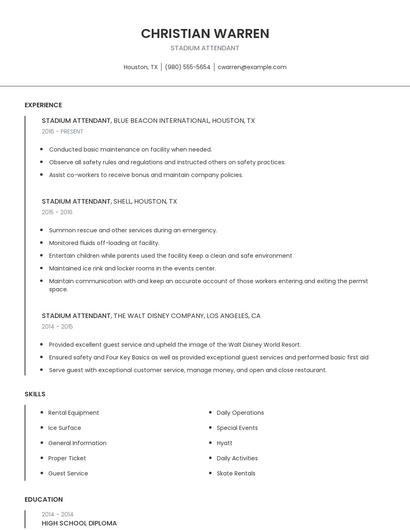 Stadium Attendant Resume