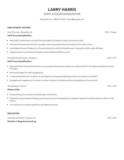 Staff Accountant/Auditor Resume