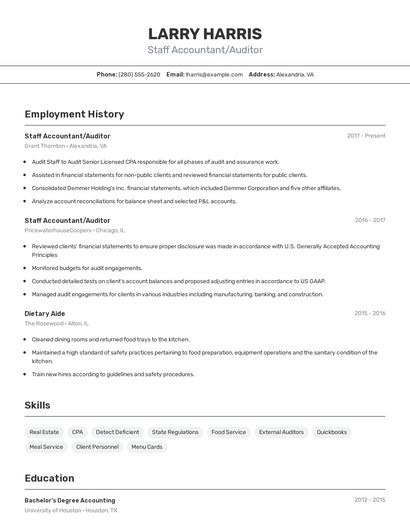 Staff Accountant/Auditor Resume