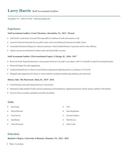 Staff Accountant/Auditor Resume