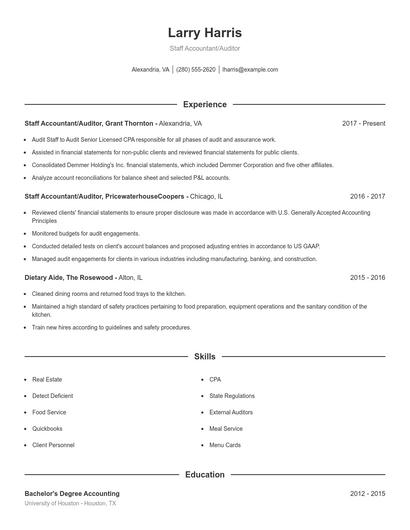 Staff Accountant/Auditor Resume