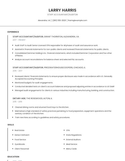 Staff Accountant/Auditor Resume