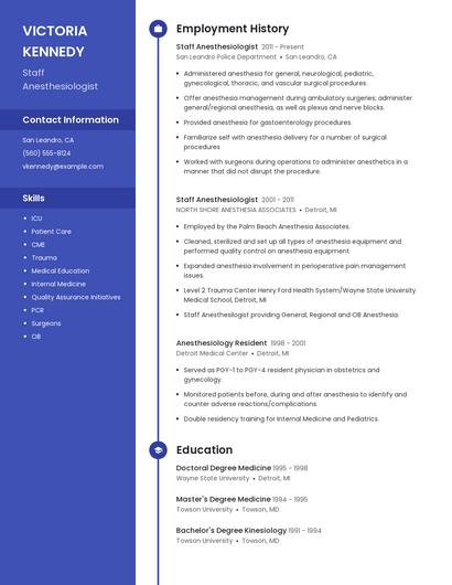 Staff Anesthesiologist Resume