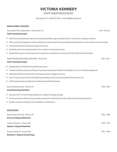 Staff Anesthesiologist Resume