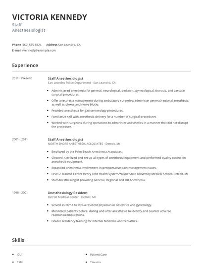 Staff Anesthesiologist Resume