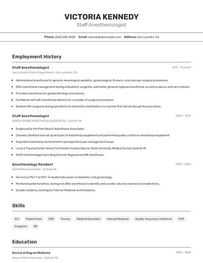 Staff Anesthesiologist Resume