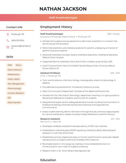 Staff Anesthesiologist Resume