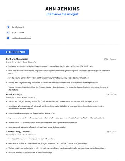 Staff Anesthesiologist Resume