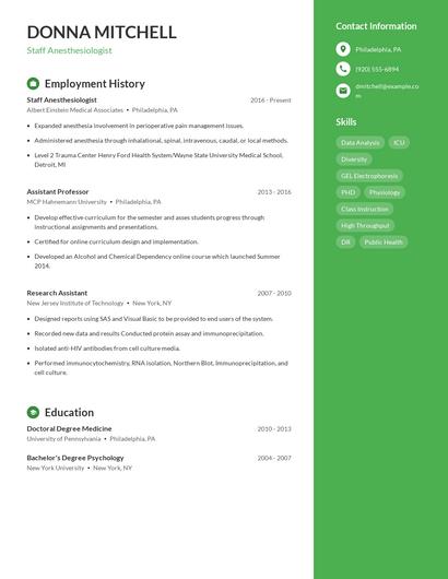 Staff Anesthesiologist Resume
