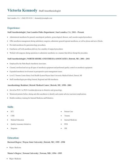 Staff Anesthesiologist Resume