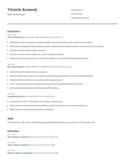 Staff Anesthesiologist Resume