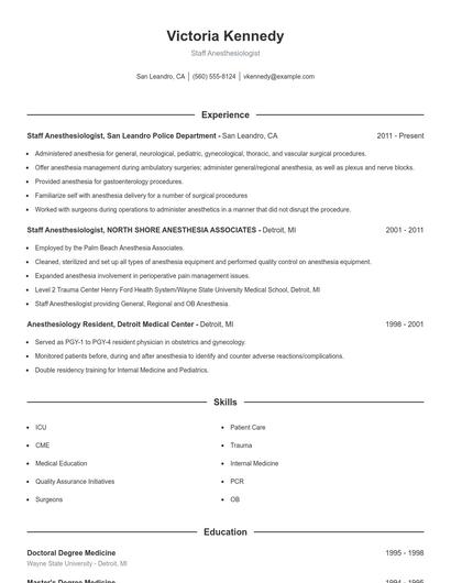 Staff Anesthesiologist Resume