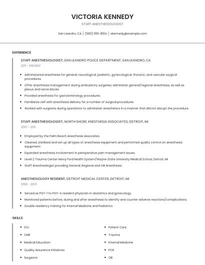 Staff Anesthesiologist Resume