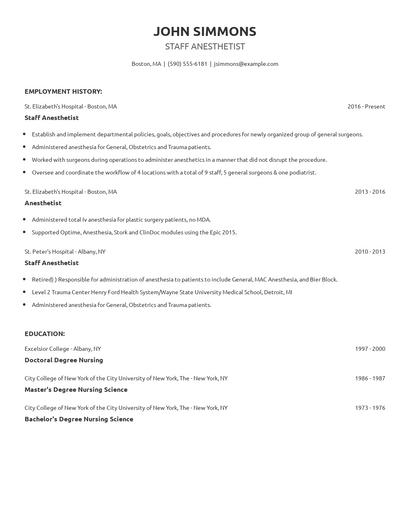 Staff Anesthetist Resume