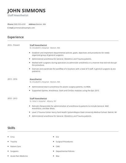 Staff Anesthetist Resume