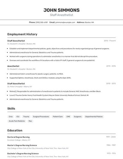 Staff Anesthetist Resume