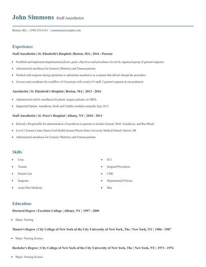 Staff Anesthetist Resume