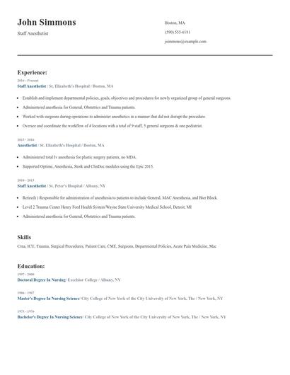 Staff Anesthetist Resume