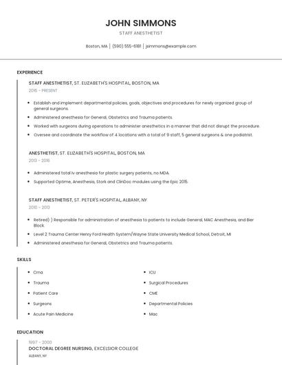 Staff Anesthetist Resume