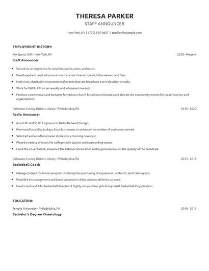Staff Announcer Resume
