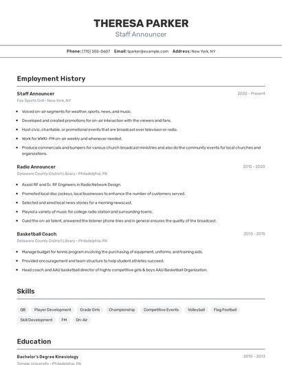 Staff Announcer Resume