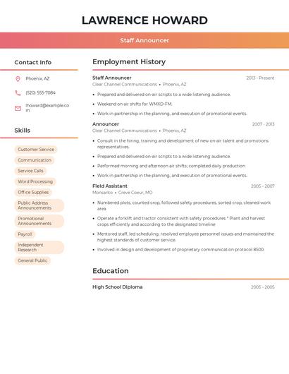 Staff Announcer Resume