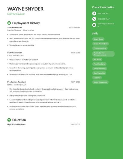 Staff Announcer Resume