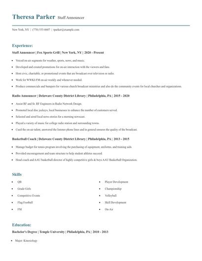 Staff Announcer Resume