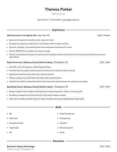 Staff Announcer Resume