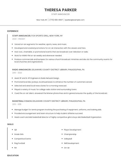 Staff Announcer Resume