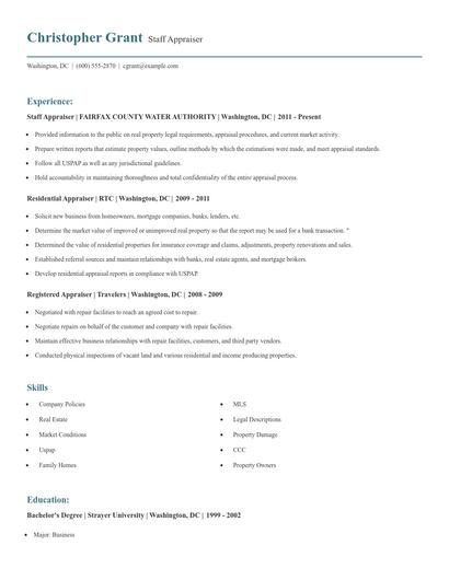 Staff Appraiser Resume