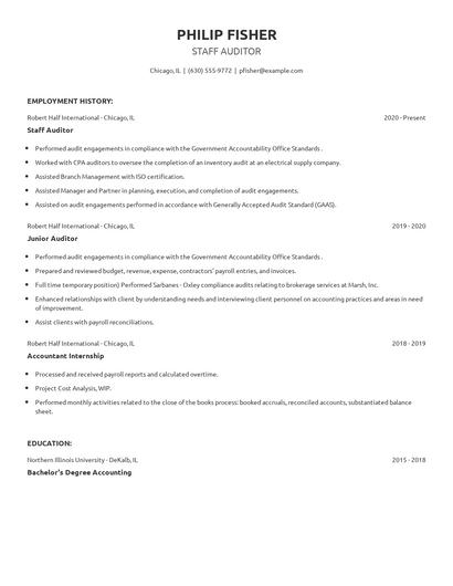 Staff Auditor Resume