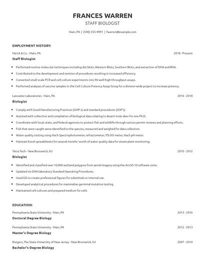 Staff Biologist Resume