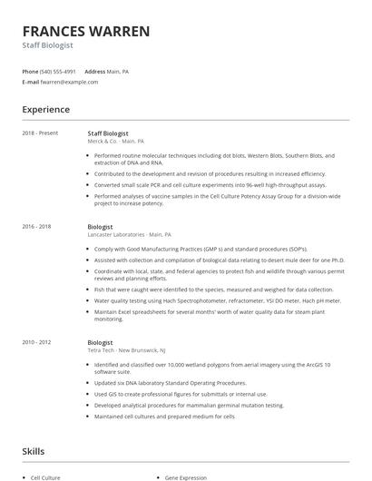 Staff Biologist Resume