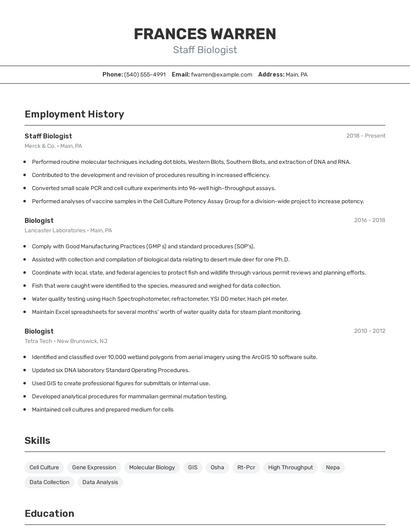 Staff Biologist Resume