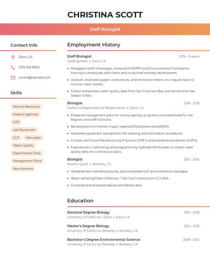 Staff Biologist Resume