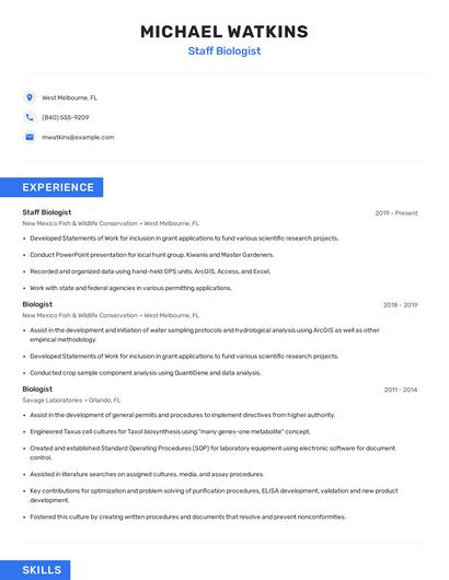 Staff Biologist Resume
