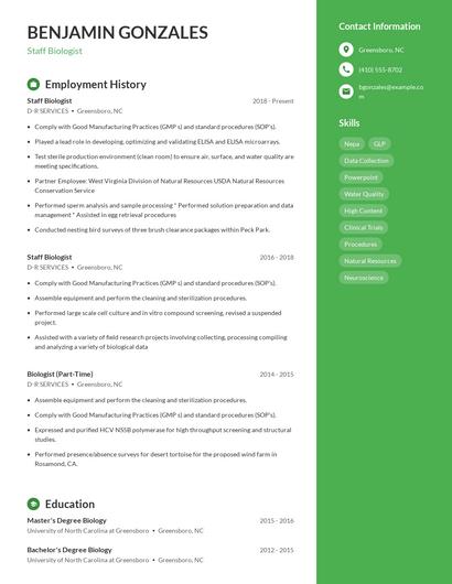 Staff Biologist Resume